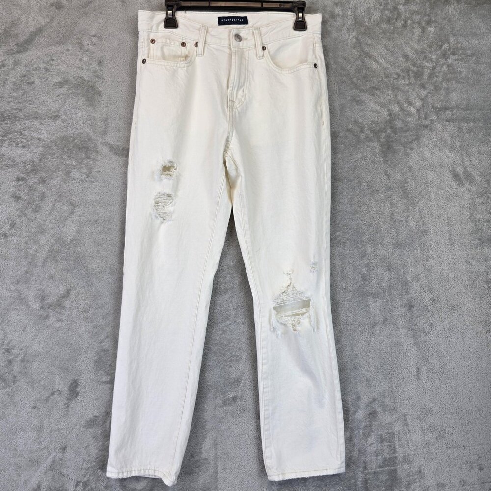 Aeropostale Jeans Mens 29x30 White Straight Distressed Ripped Denim Pants Cotton